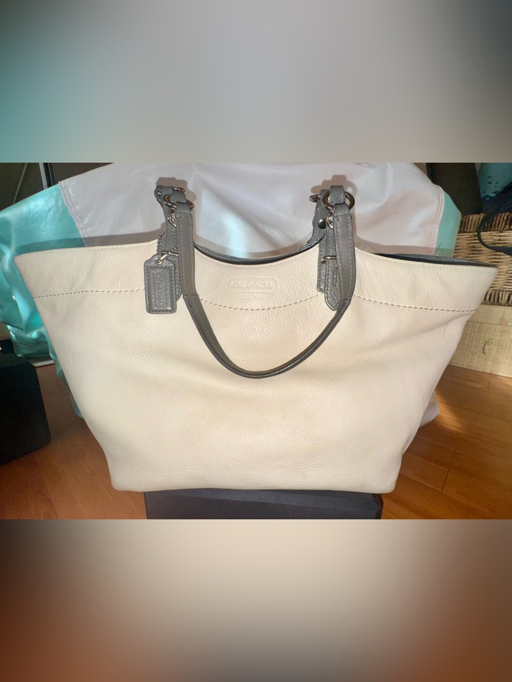Coach White Leather Purse with Gray Handles